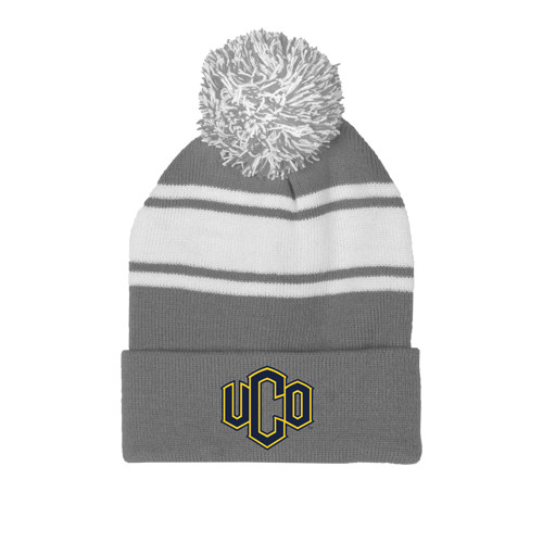  Grey/White Two Tone Knit Pom Beanie w/Cuff - Official Logo