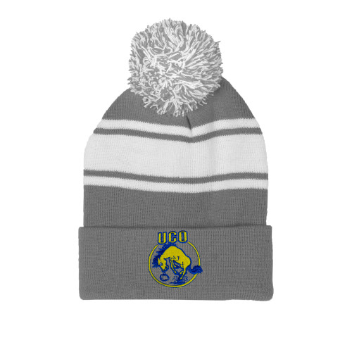  Grey/White Two Tone Knit Pom Beanie w/Cuff - Vintage Bronchos Logo