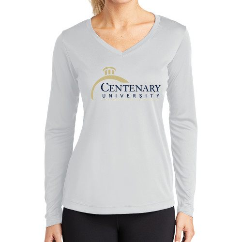 Womens White Performance Long Sleeve V Neck Shirt - Centenary University Logo