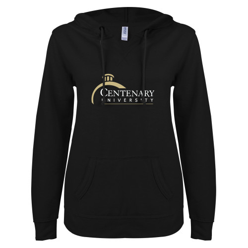  ENZA Womens Black V Notch Raw Edge Fleece Hoodie - Centenary University Logo