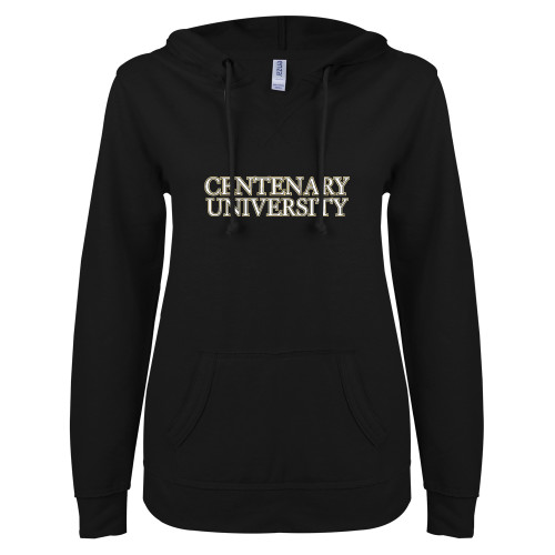  ENZA Womens Black V Notch Raw Edge Fleece Hoodie - Centenary University