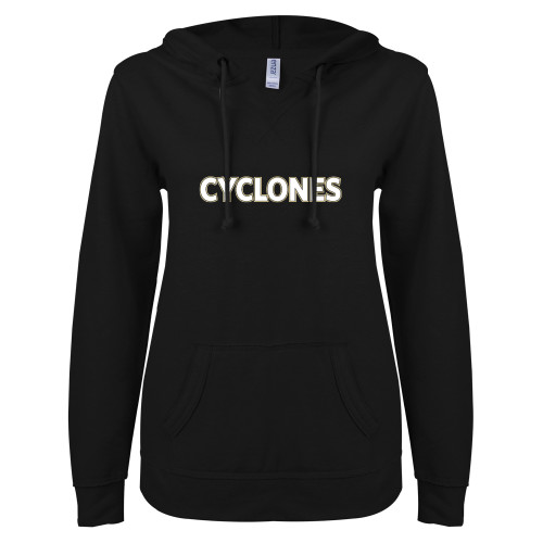  ENZA Womens Black V Notch Raw Edge Fleece Hoodie - Cyclones