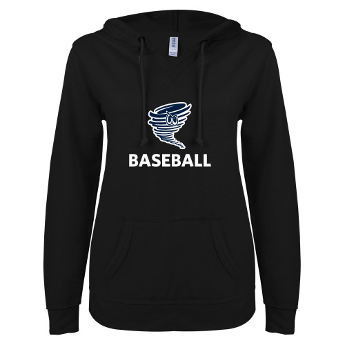  ENZA Womens Black V Notch Raw Edge Fleece Hoodie - Baseball
