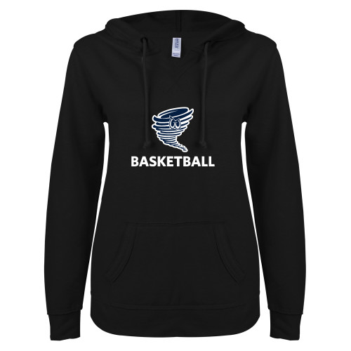  ENZA Womens Black V Notch Raw Edge Fleece Hoodie - Basketball