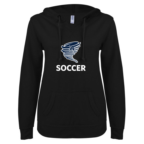  ENZA Womens Black V Notch Raw Edge Fleece Hoodie - Soccer