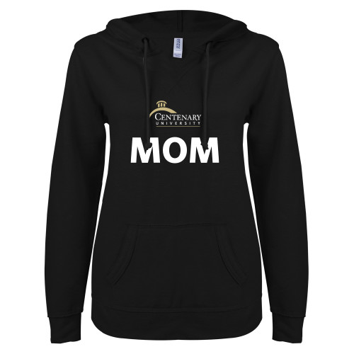  ENZA Womens Black V Notch Raw Edge Fleece Hoodie - Mom