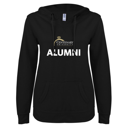  ENZA Womens Black V Notch Raw Edge Fleece Hoodie - Alumni