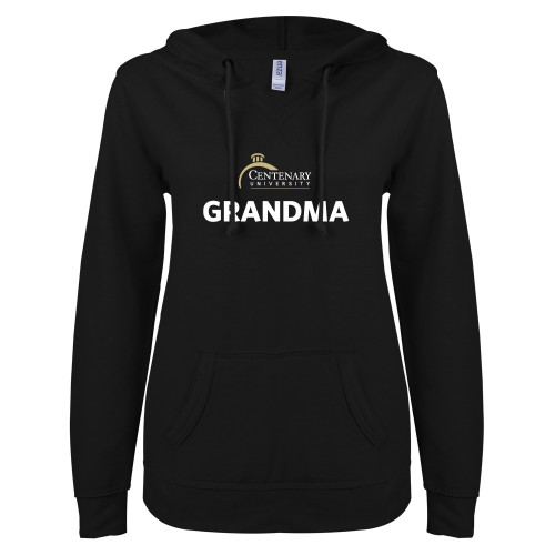  ENZA Womens Black V Notch Raw Edge Fleece Hoodie - Grandma