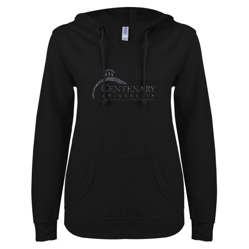  ENZA Womens Black V Notch Raw Edge Fleece Hoodie - F Graphite Soft Glitter