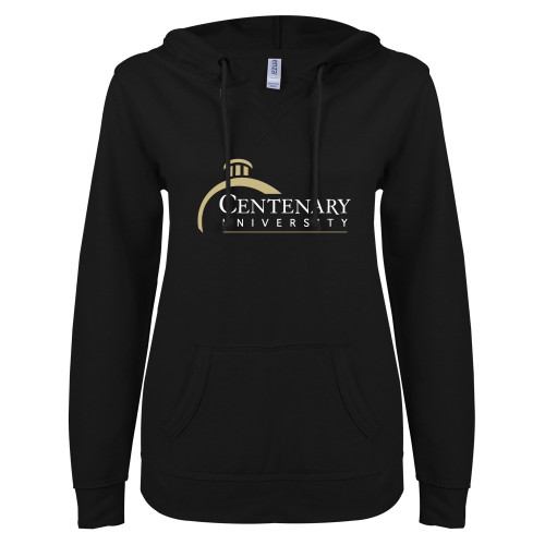  ENZA Womens Black V Notch Raw Edge Fleece Hoodie - Centenary University Logo