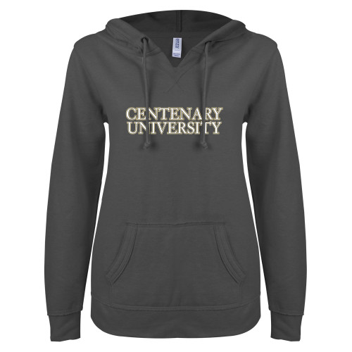  ENZA Womens Dark Heather V Notch Raw Edge Fleece Hoodie - Centenary University