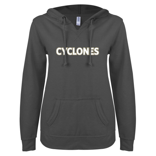  ENZA Womens Dark Heather V Notch Raw Edge Fleece Hoodie - Cyclones