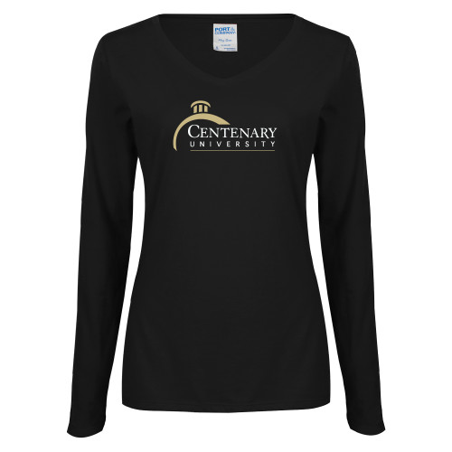  Womens Black Long Sleeve V Neck Tee  - Centenary University Logo