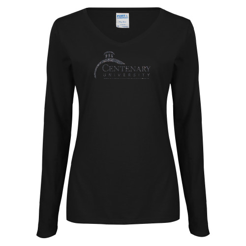  Womens Black Long Sleeve V Neck Tee  - F Graphite Soft Glitter