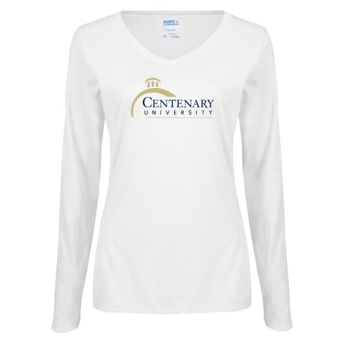  Womens White Long Sleeve V Neck Tee - Centenary University Logo
