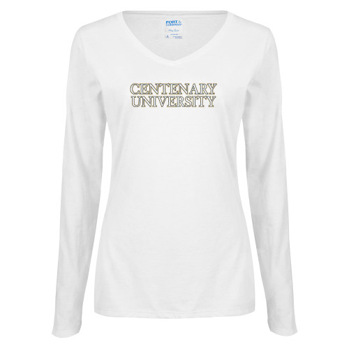  Womens White Long Sleeve V Neck Tee - Centenary University