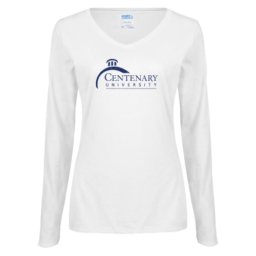  Womens White Long Sleeve V Neck Tee - H Dark Blue Glitter