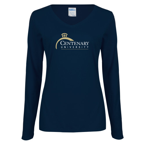  Womens Navy Long Sleeve V Neck Tee - Centenary University Logo