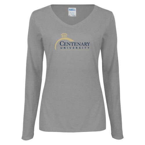 Womens Grey Long Sleeve V Neck Tee  - Centenary University Logo