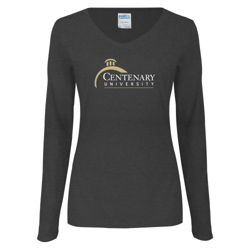  Womens Dark Heather Long Sleeve V Neck Tee  - Centenary University Logo