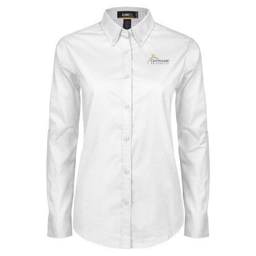  Womens White Twill Button Down Long Sleeve - Centenary University Logo