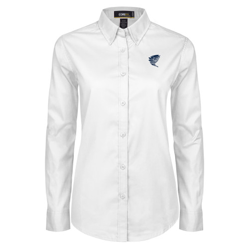  Womens White Twill Button Down Long Sleeve - Cyclone Athletic Logo