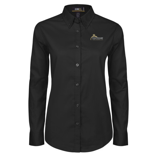  Womens Black Twill Button Down Long Sleeve  - Centenary University Logo