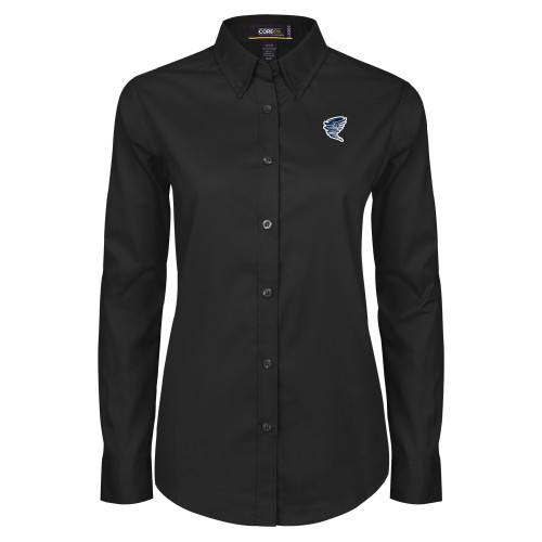  Womens Black Twill Button Down Long Sleeve  - Cyclone Athletic Logo