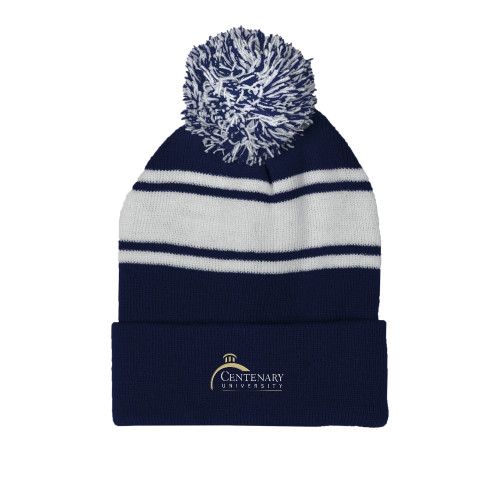  Navy/White Two Tone Knit Pom Beanie w/Cuff - Centenary University Logo