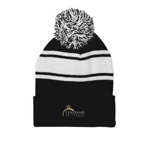  Black/White Two Tone Knit Pom Beanie w/Cuff - Centenary University Logo