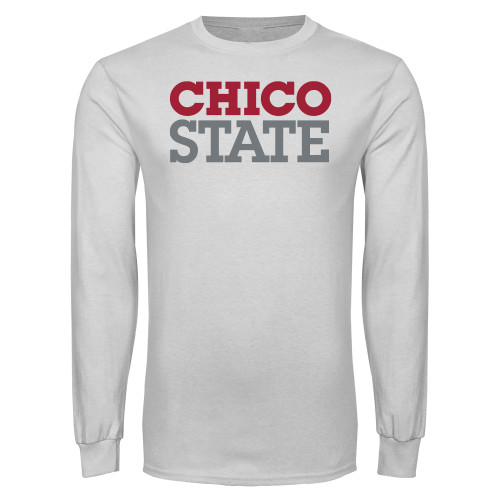  White Long Sleeve T Shirt - Chico State Stacked