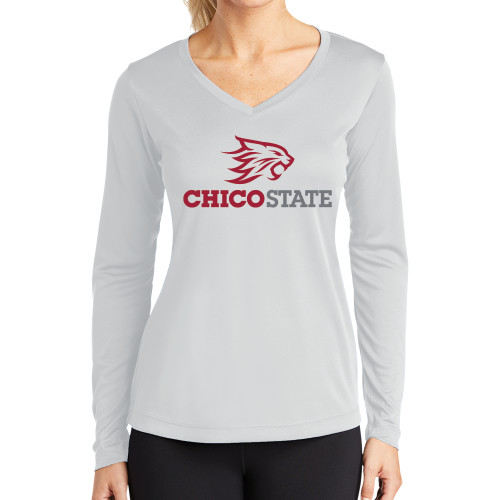  Womens White Performance Long Sleeve V Neck Shirt - Chico State Primary Mark