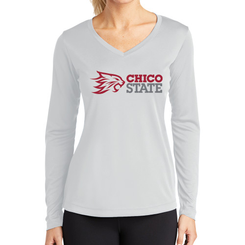  Womens White Performance Long Sleeve V Neck Shirt - Chico State Horizontal Mark