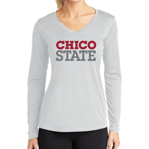 Womens White Performance Long Sleeve V Neck Shirt - Chico State Stacked