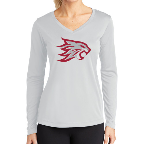  Womens White Performance Long Sleeve V Neck Shirt - Wildcat Head