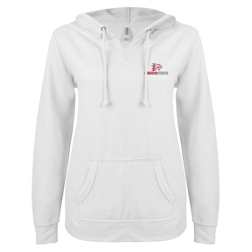  ENZA Womens White V Notch Raw Edge Fleece Hoodie - Chico State Primary Mark