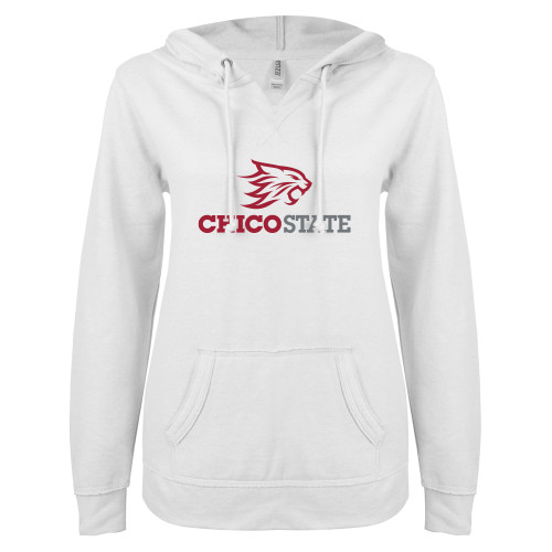  ENZA Womens White V Notch Raw Edge Fleece Hoodie - Chico State Primary Mark