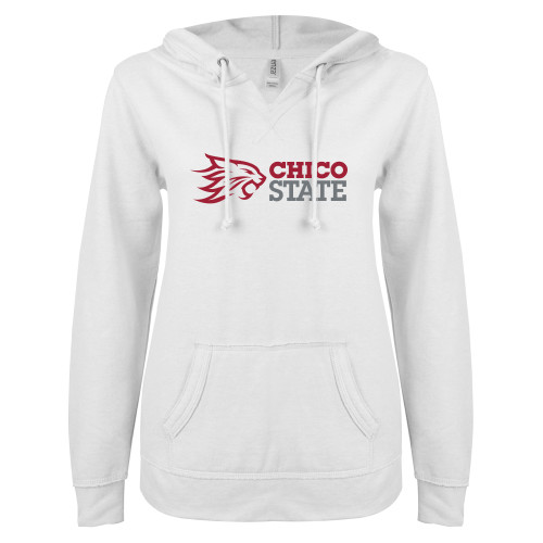  ENZA Womens White V Notch Raw Edge Fleece Hoodie - Chico State Horizontal Mark