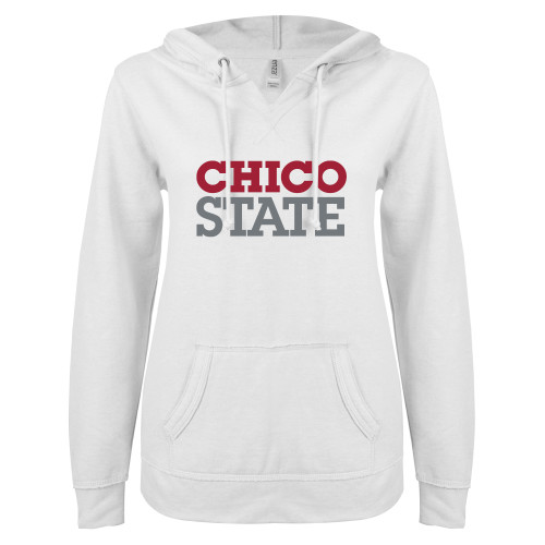  ENZA Womens White V Notch Raw Edge Fleece Hoodie - Chico State Stacked