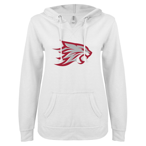  ENZA Womens White V Notch Raw Edge Fleece Hoodie - Wildcat Head