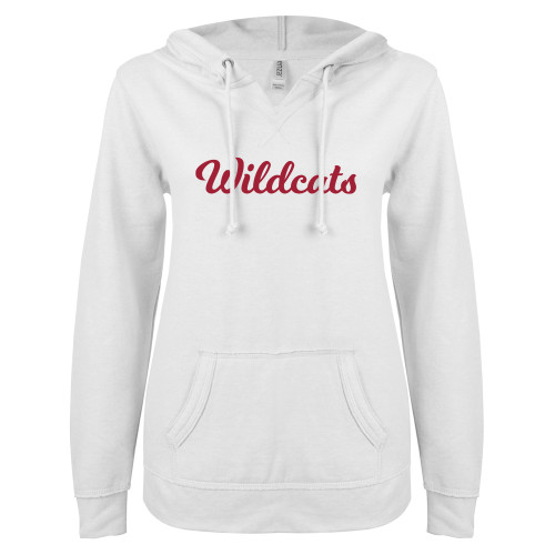  ENZA Womens White V Notch Raw Edge Fleece Hoodie - Wildcats Script