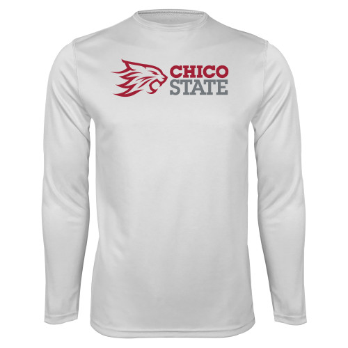  White Performance Long Sleeve Shirt - Chico State Horizontal Mark