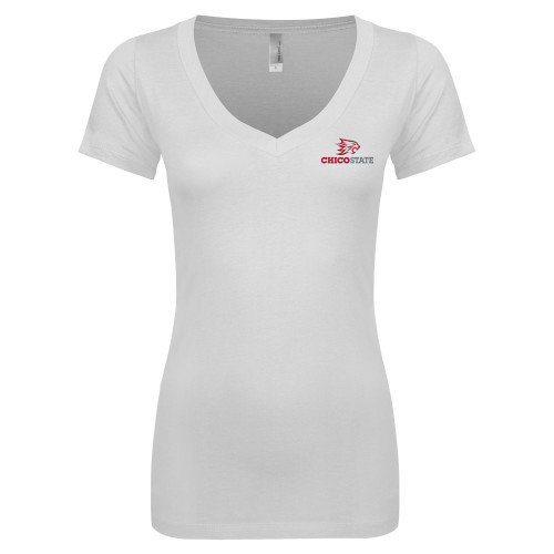  Next Level Womens White Ideal V Tee - Chico State Primary Mark