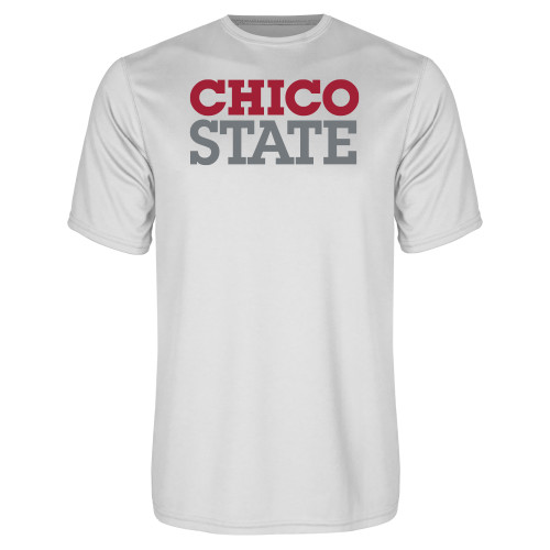  White Performance Tee - Chico State Stacked