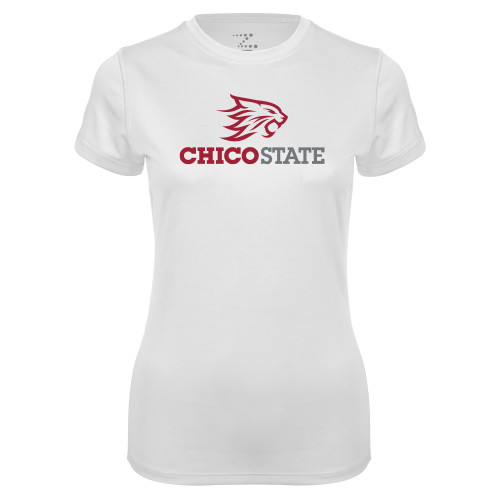  Womens White Performance Tee - Chico State Primary Mark