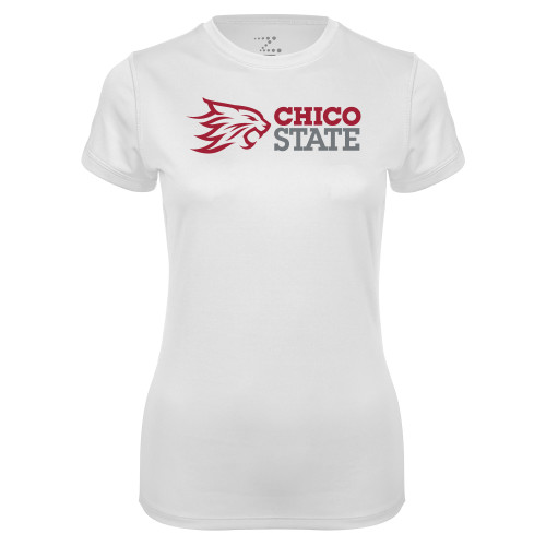  Womens White Performance Tee - Chico State Horizontal Mark