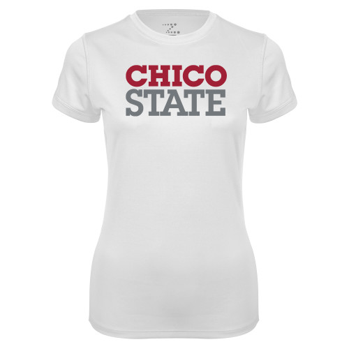  Womens White Performance Tee - Chico State Stacked