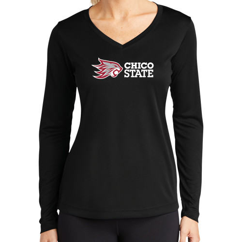  Womens Black Performance Long Sleeve V Neck Shirt - Chico State Horizontal Mark