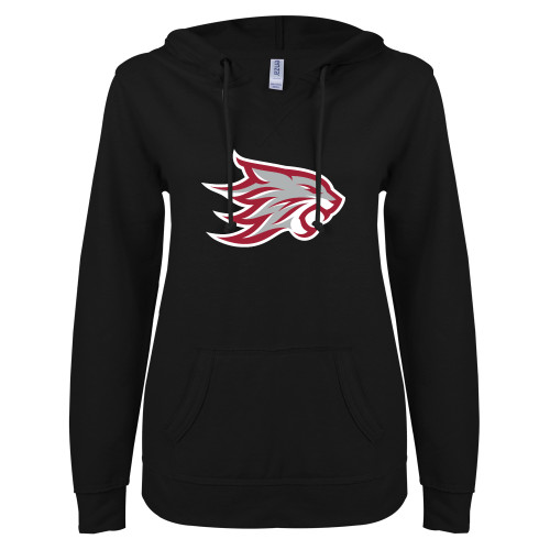  ENZA Womens Black V Notch Raw Edge Fleece Hoodie - Wildcat Head