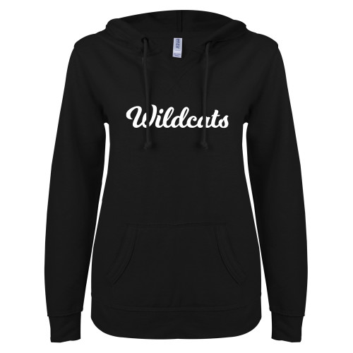  ENZA Womens Black V Notch Raw Edge Fleece Hoodie - Wildcats Script